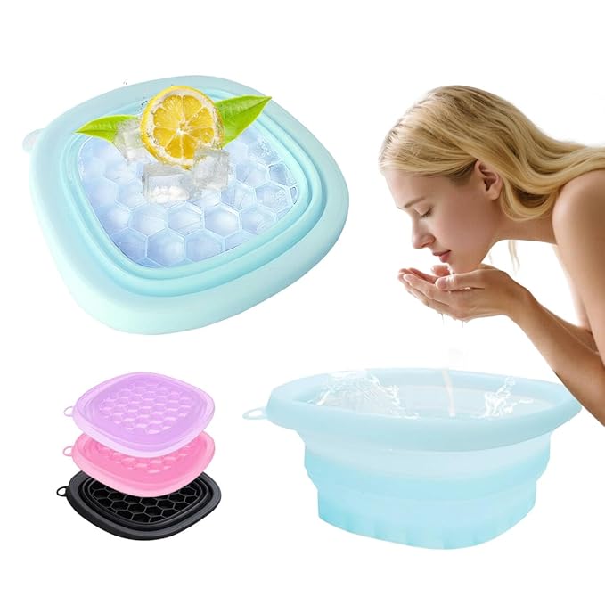 Face Bowl for Ice with Built-in IceTray,Collapsible Silicone Face Ice Bowl – Cold Plunge Therapy for Skin Tightening & Facial Treatment– Portable Spa Tool for Home & Travel(Blue)
