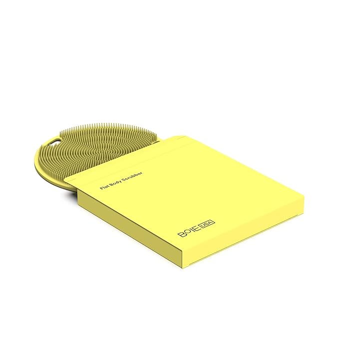 Boie USA Flat Body Scrubber - Soft Silicone-Like Exfoliating Shower Scrubber & Body Cleansing Brush - Stick-to-Wall Loofah Replacement - Body Exfoliator for All Skin Types (Yellow)