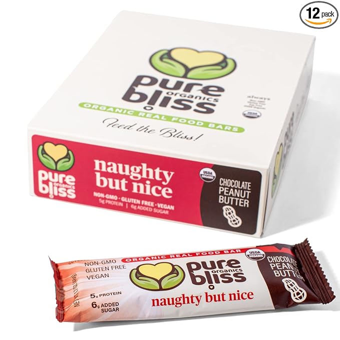 Organic Real Food Bar (Chocolate Peanut Butter) Non-GMO, Gluten Free, Vegan, Nutrition Bars, Energy Bars, Super Food Simple Ingredients, Best Tasting, Healthy Snack, Breakfast Bars, Dairy Free, Soy Free, Pure Bliss Organics (1.7 oz bar, 12-Pack Case)