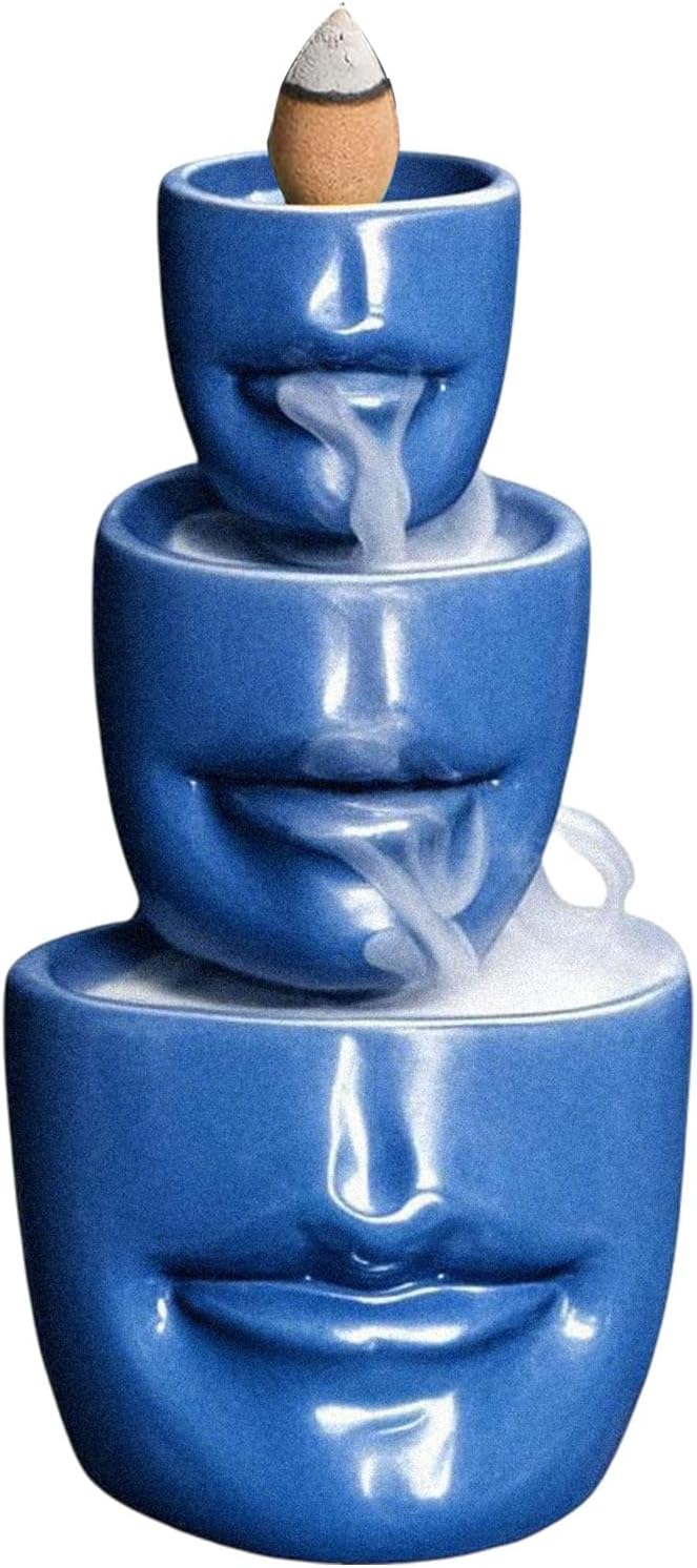 Comeon Backflow Incense Burner Holder, Face Handicraft Decor, Resin Reverse Flow Incense Burner Censer Cone + 20 Backflow Incense Cones 30 Incense Sticks 1 Tweezer 1 Mat (Matte Blue)