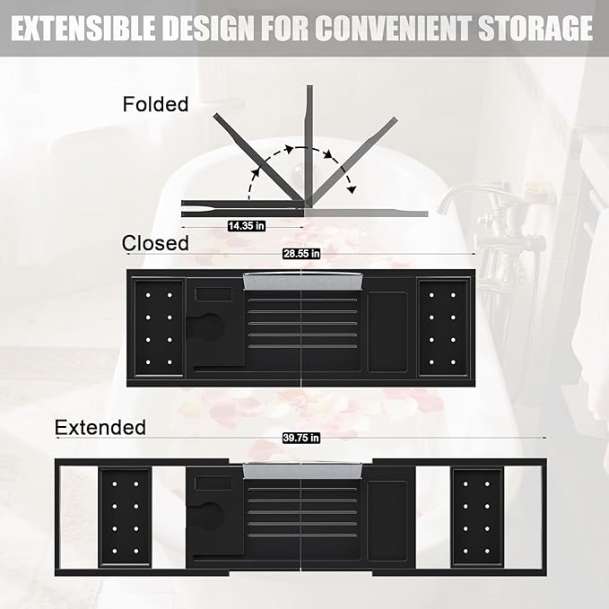 Bathtub Tray Caddy, Expandable Bath Trays for Tub, Bamboo Shelf & Table with Wine Glass Holder,Bathroom Accessories for New Home & Mothers Day & Birthday Gifts for Mom,Black