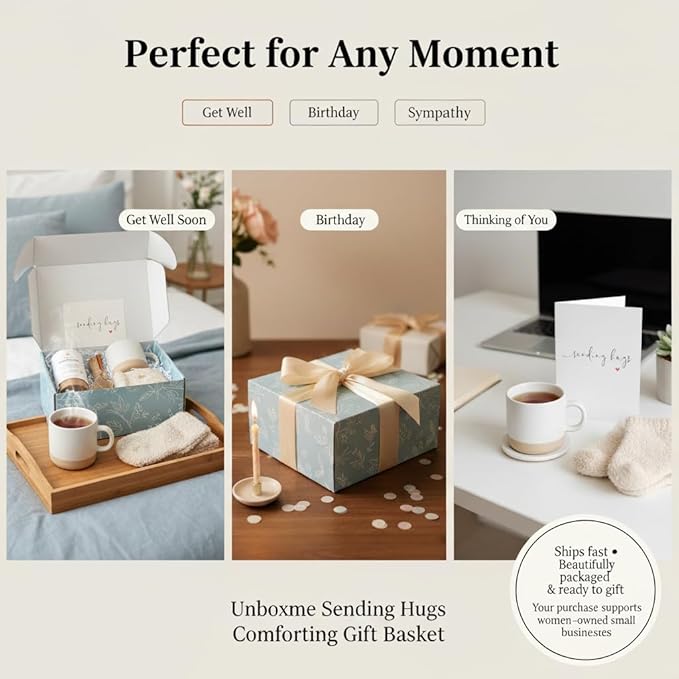 Unboxme Sending Hugs Comforting Gift Basket for Women - Soothing Self Care Box with Fluffy Socks, Ceramic Mug, Chai Tea, Honey & Cinnamon for Mom, Sister, Friends and Coworkers