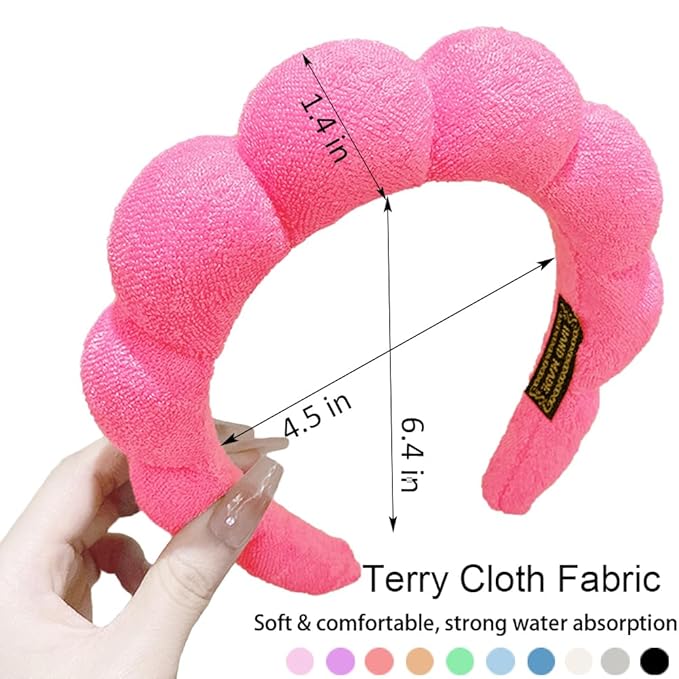 Spa Headbands for Washing Face or Makeup, Sponge Bubble Skincare Headbands, Puffy Terry Cloth Hairband for Women, Skin Care Makeup Headwear Hair Accessories for Girls (Rose Red)