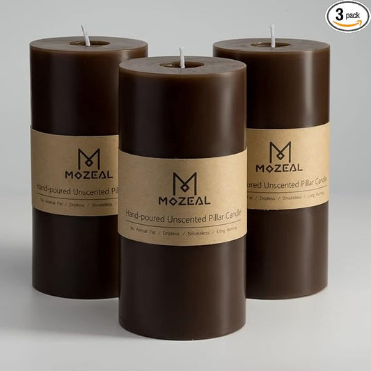 MOZEAL 3" x 6" Hand-Poured Unscented Candle,Dripless Pillar Candle Set of 3,Long Lasting Burning,Approx 120 Hours Burn Time,Rustic Country Style,for Wedding,Dinner,Christmas and Home Decor,Brown