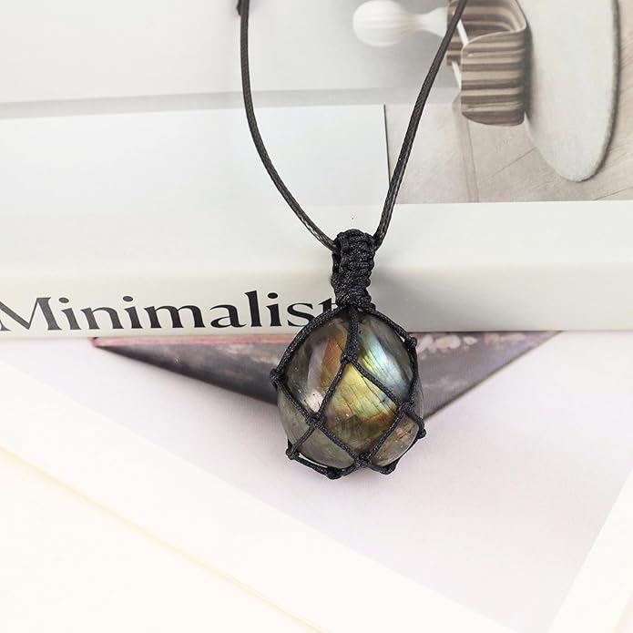 Handmade Natural Gemstone Crystal Pendant Necklace Stone Holder Necklace Cord Net Necklace with Adjustable Length for Women Men