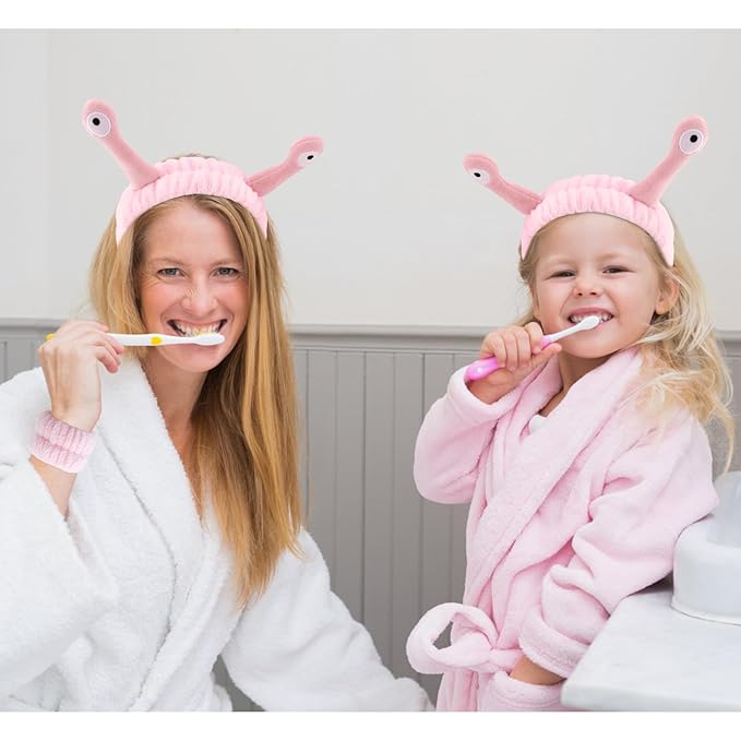 VELSCRUN Spa Headband, Makeup Face Wash Skincare Headbands, 5 Pcs Sponge Get Ready Snail Hairband Facial Wristband Hair Clip Set, Stuff for Teen Girls Women Trendy Hair Accessories Sakura Pink