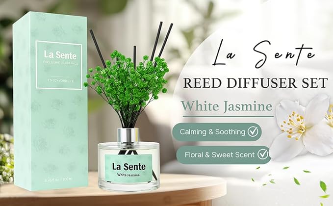 Reed Diffuser Set, Glass Bottle with Black Rattan Sticks, Dried Green Flowers, 6.7fl oz, 200ml (White Jasmine)