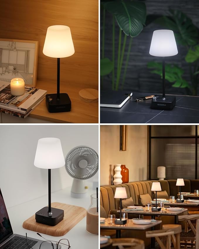 Cordless Table Lamp with Charging Base, Rechargeable 6000mAh Battery Operated Lamp, 3 Color Dimmable Smart Portable Table Light for Restaurant, Bedroom, Home, Kitchen Counter (White lampshade)