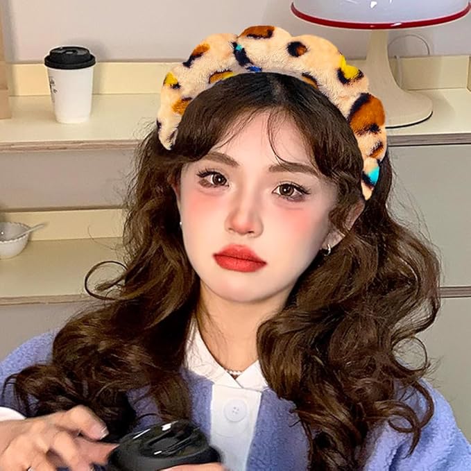 Spa Headbands for Washing Face or Makeup, Sponge Bubble Skincare Headbands, Puffy Terry Cloth Hairband for Women, Skin Care Makeup Headwear Hair Accessories for Girls (Leopard Brown)