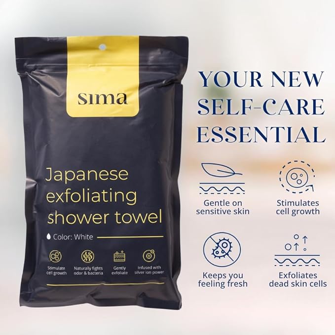 Exfoliating Washcloth Face & Body Scrub Towel - Japanese Exfoliating Towel with Hexagon Fibers, Body Scrubber with 2 Sides for Scrubbing & Washing, Extra Long Body Towel (White)