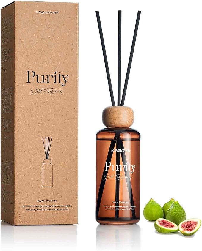 M&SENSE Wild Fig Honey Reed Diffuser: 6.3 fl oz Fig & Lotus Scented Aroma Set with Light & Subtle Fragrance, Long-Lasting Non-Toxic Natural Essential Oil Diffuser for Office Shelf Decor Small Spaces