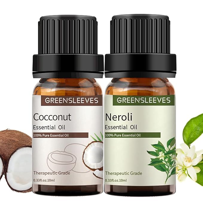 GREENSLEEVES Neroli and Cocconut Essential Oil Set, 2 x 10ml Pure Plant-Based Fragrance Oil for Aromatherapy, Essential Oils for Diffuser, Massage, Bath Bomb, Scented Candle Soap Making