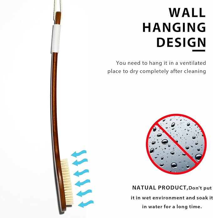 ICANdOIT-17.71Inch Natural Boar Bristles Anti-Slip Long Handle Bath Brush,Bent Handle Shower Scrubber for Exfoliating,Shower Back Brush,Exfoliation Set with Pumice Stone(2 Pack)