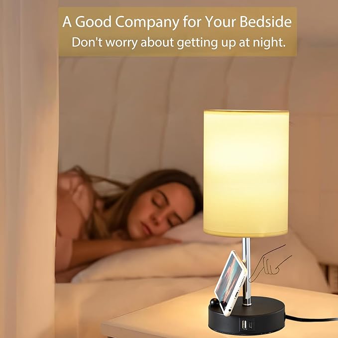 Briever Touch Control Table Lamp for Bedroom, 3-Way Dimmable Nightstand Lamp with USB USB A+C Charging Ports, Bedside Desk Lamp with Phone Stand & Linen Fabric Shade for Livingroom, Bulb Included