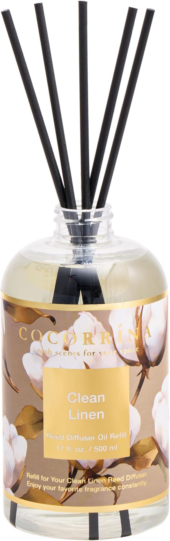 Cocorrína Reed Diffuser Refill Clean Linen 17oz (500ml) with 8 Rattan Sticks - Premium Long-Lasting Scented Oil, Home Fragrance for Bedroom, Bathroom Home Decor