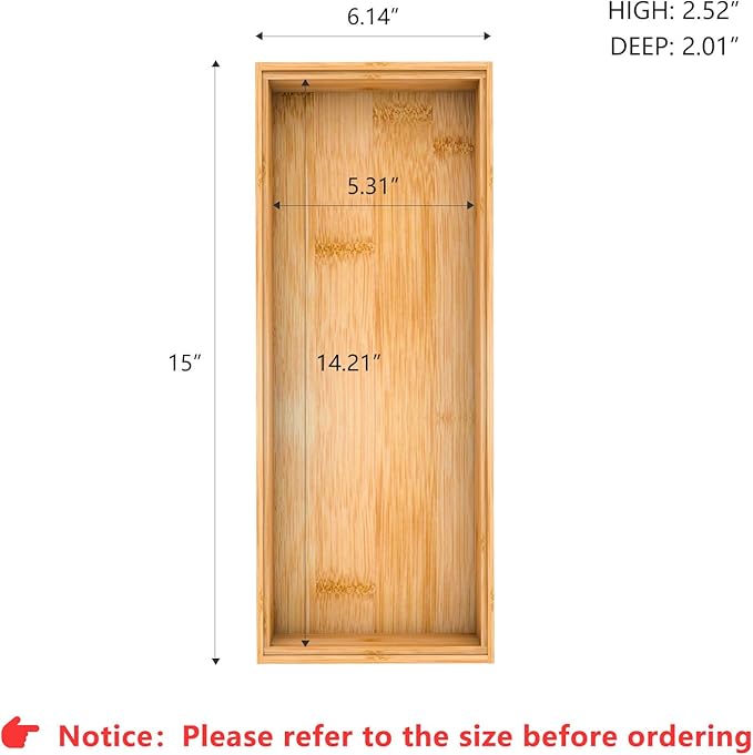 Drawer Organizer Storage Box Kitchen - Wood Stackable Tray Utensil Organizer for Office Drawers,Cabinets,Shelves,Pantry,or Bathroom Counter,Drawer Dividers for Silverware Set of 2(15x6x2.5inch)