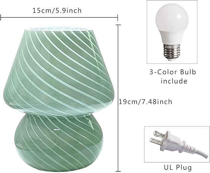 jonong Bedside Lamp Glass Striped Mushroom Table Lamp with 3 Color Modes LED Small Decorative Table Lamp for Gift Present,Suit for Bedroom, Living Room, Home Decor, Baby, Kids, Women (Green)