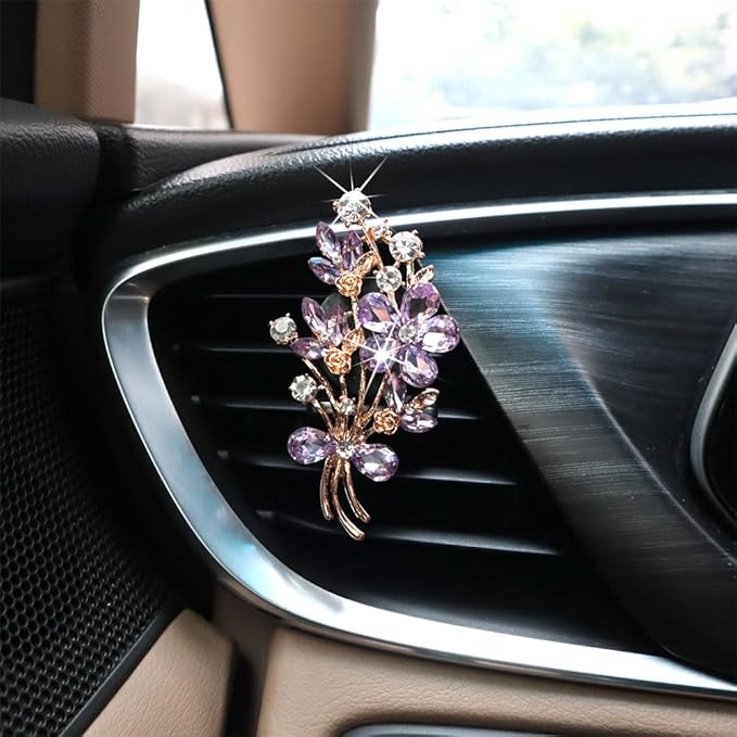 2pcs Flower Car Vent Clips Car Air Freshener Bouquets Flower Purple Car Accessories for Women Rhinestone Flower Air Vent Clips Car Decor,Sparkling Refillable Car Diffuser