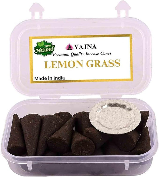 Yajna Lemon Gras 100%-Natural-Incense-Cones Handmade-Hand-Dipped Organic-Chemicals-Free for-Purification-Relaxation-Positivity-Yoga-Meditation The-Best-scents (60 Count)