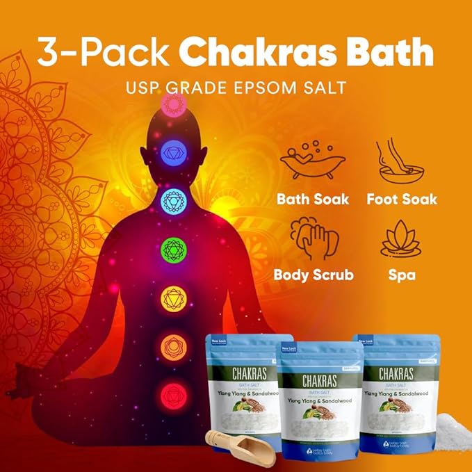 Chakras Bath Salt (3 Pack with Scoop) USP Epsom Salt with Natural Ylang Ylang and Sandalwood Essential Oils Plus Vitamin C in BPA Free Pouch with Easy Press Lock Seal Made in USA Bundle 6 Lbs Total