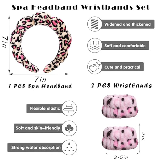 Spa Headbands for Washing Face Wristband Set Sponge Makeup Skincare Headband Wrist Towels Bubble Soft Terry Towel Cloth Hairband for Women Puffy Headwear Non Slip Thick Thin Hair Headwear
