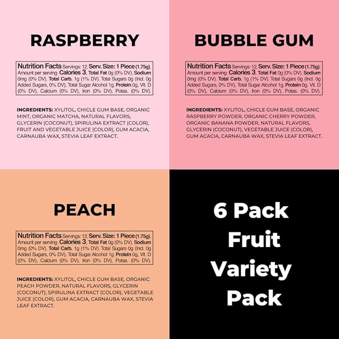 Refresh Gum, Xylitol, Natural, Sugar Free, Chewing Gum, Plastic Free, Natural Flavors & Organic Ingredients, Non GMO, Gluten Free, Vegan, 12 Count (Pack of 6), Fruit Variety Pack