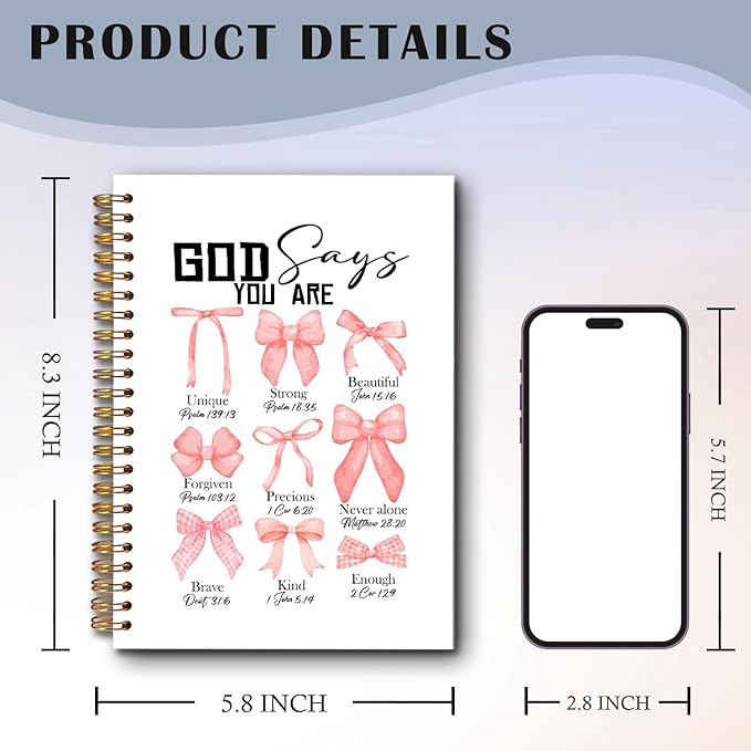 God Says You Are Christian Spiral Notebooks, Coquette Pink Bow Bible Journal, Scripture Journals for Writing, Girly Office Supplies, Religious Notebook for Note Taking, 5.5x8.3 Inch