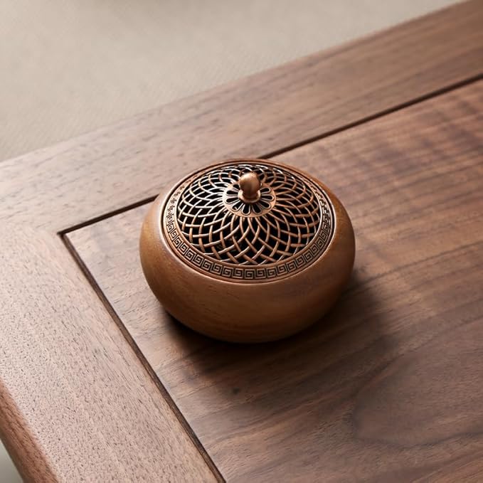Round Incense Burner - Handcrafted Wooden Censer with Alloy Lid for Sticks/Cones/Sage, Natural Wood Aroma Tray Holder for Yoga Meditation
