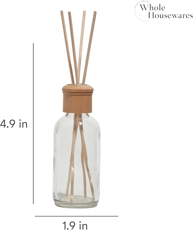 Whole Housewares Reed Diffusers for Home - Transparent Glass with Wooden Top - Elegant Empty Design - Ideal Bathroom Diffuser - 4 Pieces - Stable and Artistic Base - Oil Stick Diffuser - 4.9 x 1.9 in