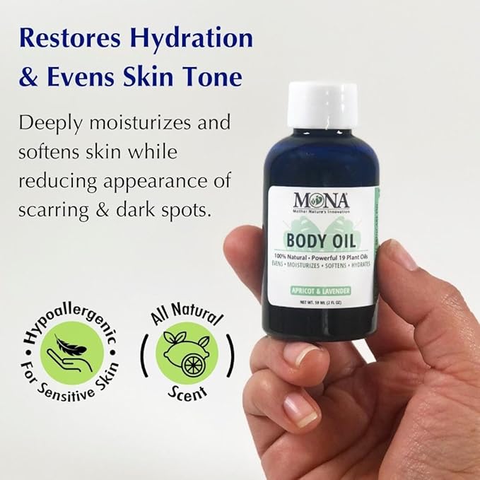 MONA Brands Natural Body Oil | Evens, Moisturizes, Soften, Hydrates | all skin types | with Antioxidants & Vitamins | Fast absorbing & lightweight | Anti-aging | Apricot & Lavender | 2.0 fl oz