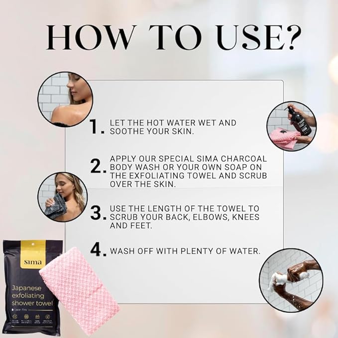 Exfoliating Washcloth Face & Body Scrub Towel - Japanese Exfoliating Towel with Hexagon Fibers, Body Scrubber with 2 Sides for Scrubbing & Washing, Extra Long (Pink, 2 Pack)