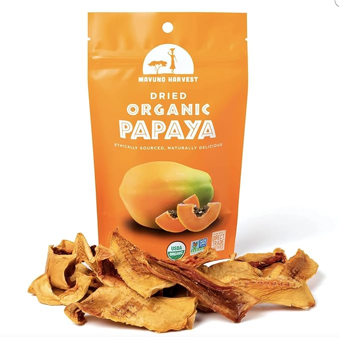 Mavuno Harvest Papaya Dried Fruit Snacks | Organic Dried Papaya Slices | Gluten Free Healthy Snacks for Kids and Adults | No Sugar Added, Vegan, Non GMO, Direct Trade | 2 Ounce, Pack of 6