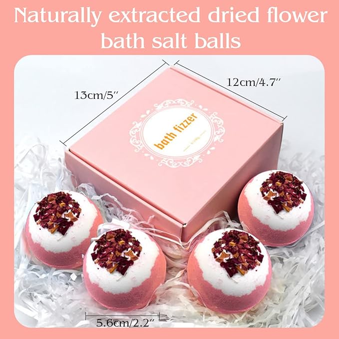 Dried Flower Bath Bombs Salt Balls,4-Pack Gift Set,Rose Extract Essential Oils,Moisturizing Dry Skin,Fizzy Spa,Relaxation,Self Care,Relaxing,Bubble Bath Bomb Gifts Idea for Men Women