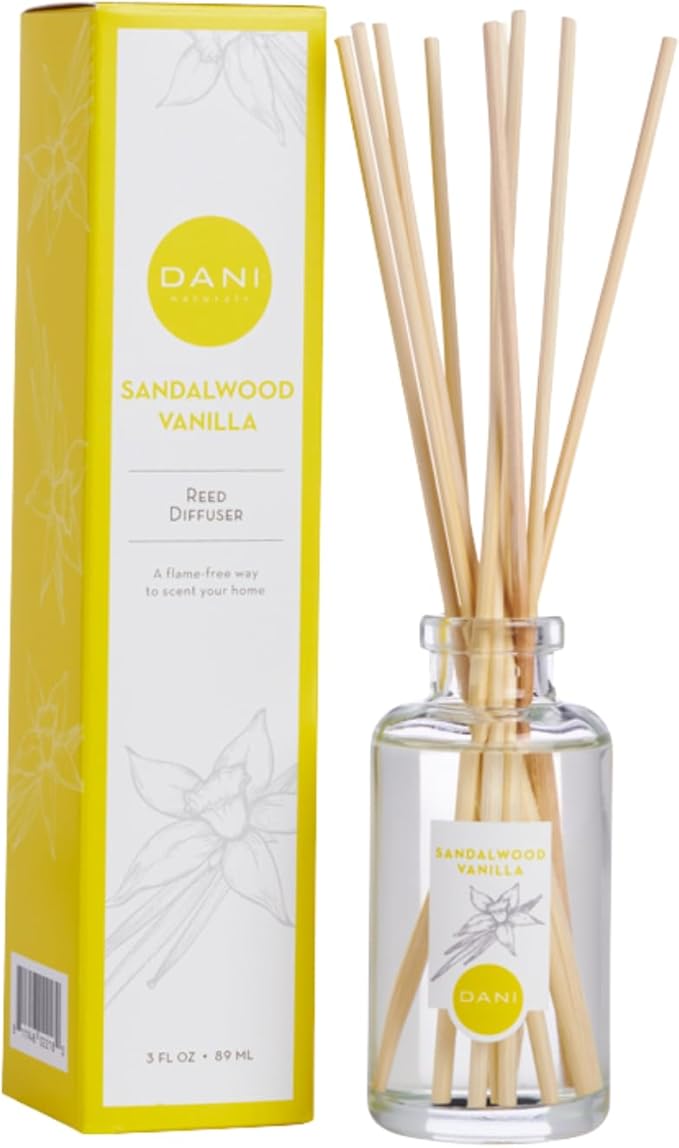 DANI Naturals Reed Diffuser Set - Vanilla Sandalwood Scent - Aromatherapy Essential Oils - Alcohol-Free, Non-Toxic - 10 Sticks - 3.5 oz