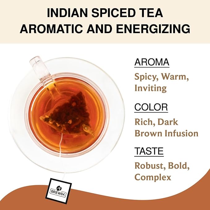 BREWIX, Masala Chai Tea Bags (25 Pyramid Tea Bags) Strong, Robust & Spicy - Pure Ingredients | Black Tea, Cinnamon, Ginger, Black Pepper, Cardamom & Cloves, Packed in Resealable Ziplock Pouch