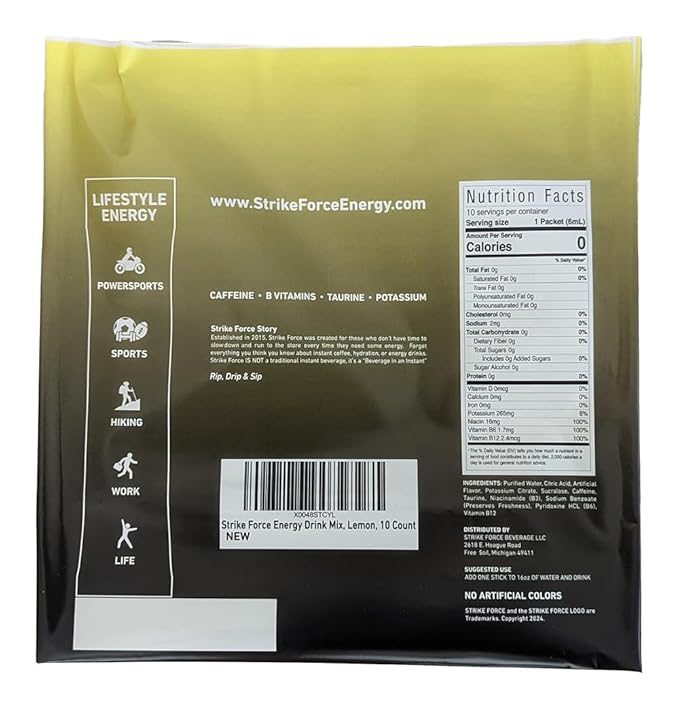 Strike Force Energy Drink Mix - Lemon Flavor - Natural Tasting Caffeine Drink - Turn Any Drink into a Healthy Energy Drink - Zero Calories, Keto Friendly, Sugar Free, Pre Workout (10 Liquid Packs)