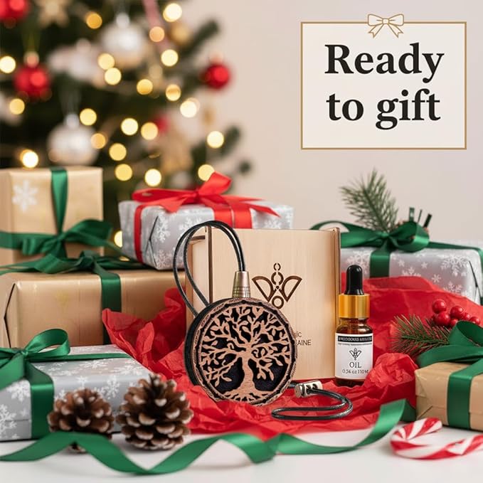 Wood Car Air Freshener — Handmade Car Air Freshener — Tree Of Life Designed Fragrance Oil Diffuser in Wooden Gift Box — Aromatherapy Gift Set with Coffee Beans Fragrance Oil - 10 ml