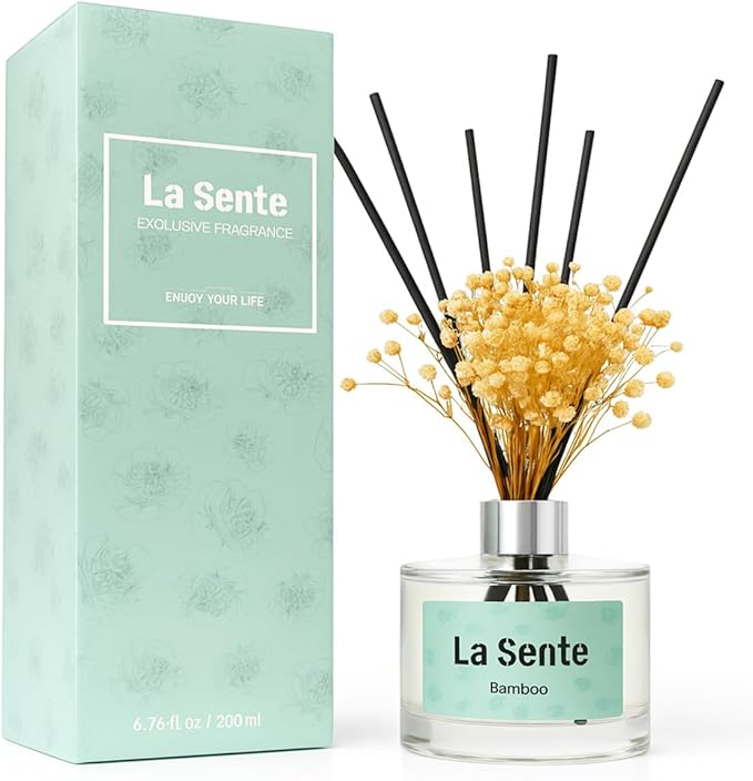 Reed Diffuser Set, Glass Bottle with Black Rattan Sticks, Dried White Flowers, 6.7fl oz, 200ml (Bamboo)