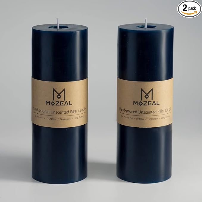 MOZEAL 3" x 8" Hand-Poured Unscented Large Candle,Smokeless Rustic Pillar Candle Set of 2,Slow Burn,No Drip,Approx 150 Hours Burning,Wedding,Dinner,Christmas and Home Decorative,Tall Navy Blue Candle