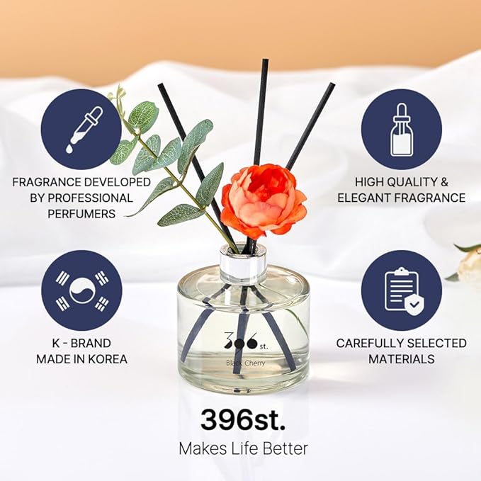396 st. Peony Flower Reed Diffuser, Black Cherry, 200ml(6.7oz) / Reed Diffuser Sets, Home Fragrance, Scented Oils, Home & Bathroom Décor