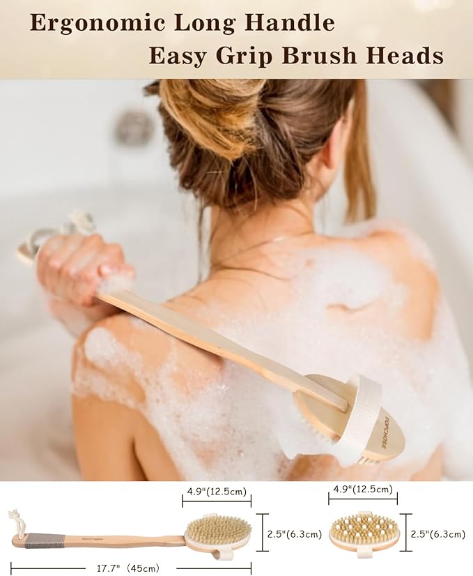 Dry Brushing Body Brush, POPCHOSE Body Scrubber for Men Women, Back Scrubber for Shower, Natural Bristle Exfoliator Scrubber for Body Cellulite and Lymphatic, Long Handle, Detachable, Dual Brush Heads