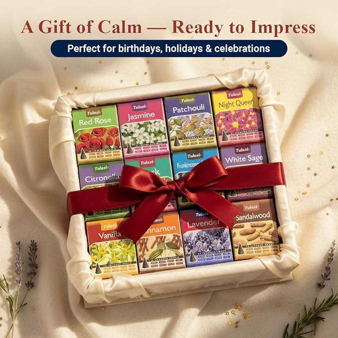 Tulasi Classic Incense Cones with Natural Oils Scents, Set of 12 Fragrances (180 Cones) Calming Home Aromatherapy, Meditation, Relaxing, Mixed Scents with Natural Oils, Thanks Giving