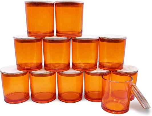 14 OZ Thick Candle Jars for Making Candles 12 Pcs, 3 Wick Empty Jars with Wood Lids for Candle Making, Sample Container,Clear Orange