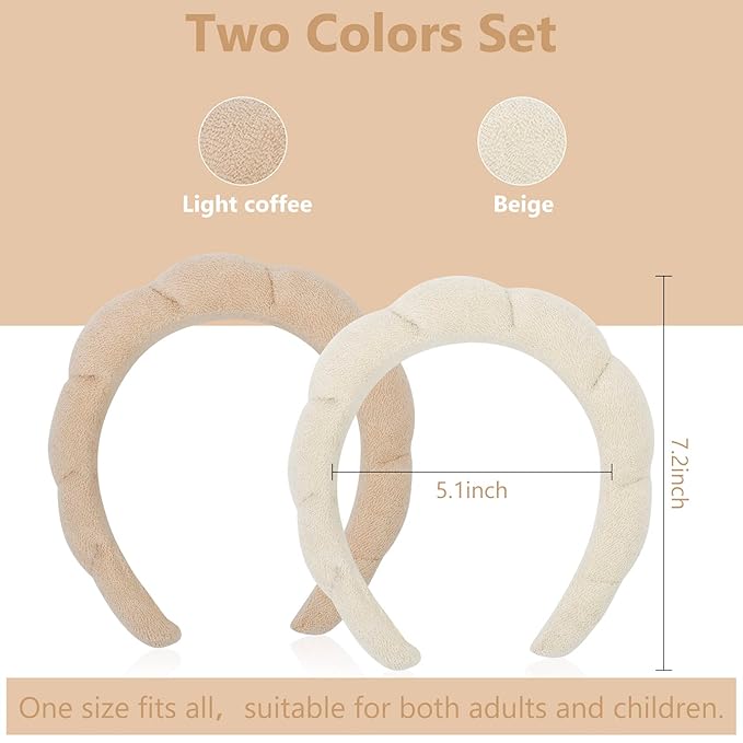 AMCAMI 2 PCS Puffy Spa Headband for Women Sponge Headbands for Girls Terry Towel Cloth Fabric Head Band for Skincare, Makeup Removal(Beige&Light coffee)
