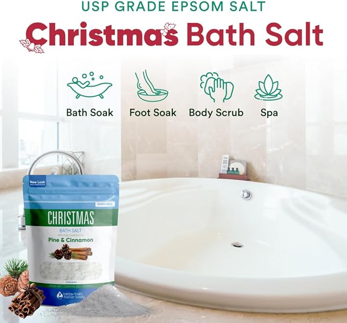 Christmas Bath Salt 32 Ounces Epsom Salt with Natural Pine, Cinnamon, Peppermint, Clove and Orange Essential Oils Plus Vitamin C in BPA Free Pouch with Easy Press-Lock Seal