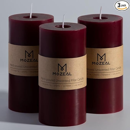 MOZEAL 3" x 6" Hand-Poured Unscented Candle, Dripless Pillar Candle Set of 3, Long Lasting Burning,Approx 120 Hours Burn Time, Rustic Country Style, for Romantic Dinners, Valentine's Elegance,Burgundy