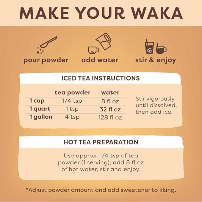 Waka Instant Green Tea Mix, Peach Flavored - 100% Tea Leaves, No Additives, Unsweetened Sample/Travel Size Tea Powder - Easy Quick Hot and Iced Teas, Up to 20 Cups or 5 Quarts (.45oz)