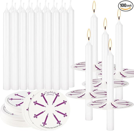 100 pcs Church Candles with Drip Protectors for Devotional Candlelight Vigil Service, Unscented White 5" H X 1/2" D, No Smoke, Shabbat, Praye