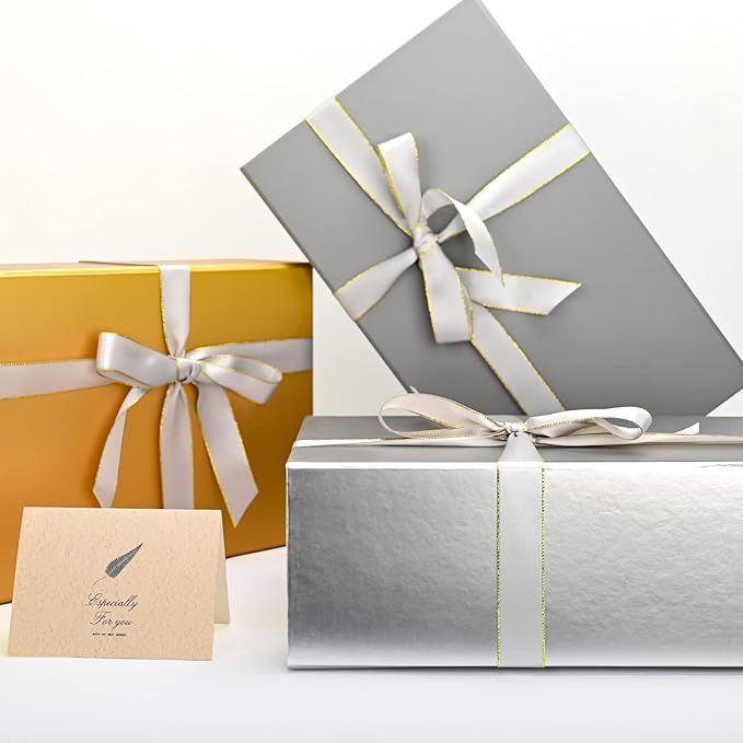 LIFELUM Gift Boxes with Lids,5 Pack 13.85 x 8.35 x 4.45 inch Silver Gift Boxes with Ribbon, Card, Shredded Paper Filler Gift Boxes for Presents,Graduation,Christmas,Birthdays