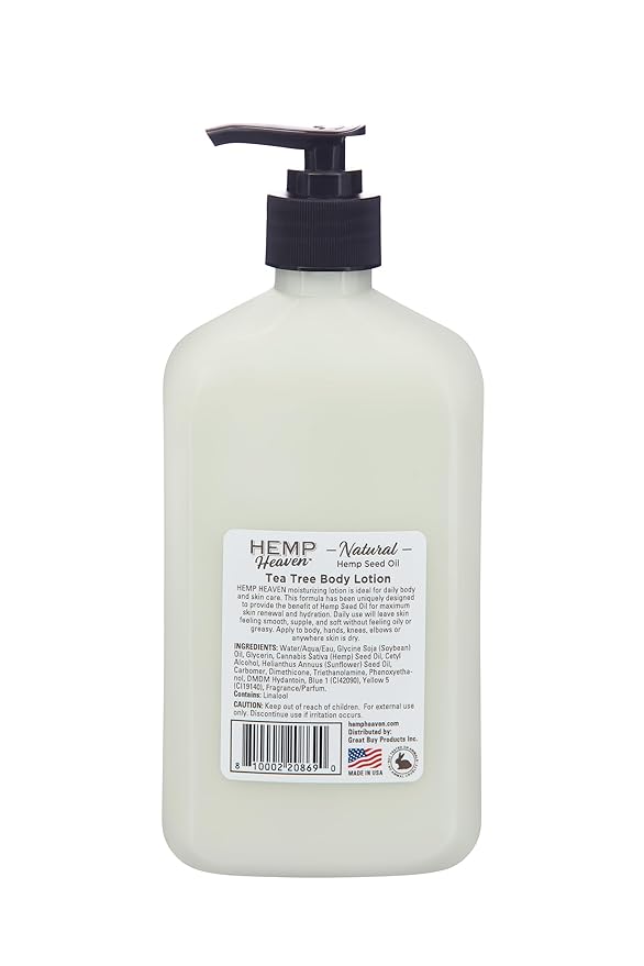 Hemp Heaven Lotion - Moisturizing Body Lotion with Natural Hemp Seed Oil & Tea Tree Scent, 18 oz, Paraben-Free Hemp Lotion for Women & Men, Made in USA, Soothes & Nourishes